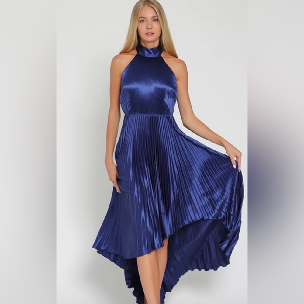 Aakaa Pleated Halter Neck Dress Royal Blue Size XL High Low NWT Party Prom